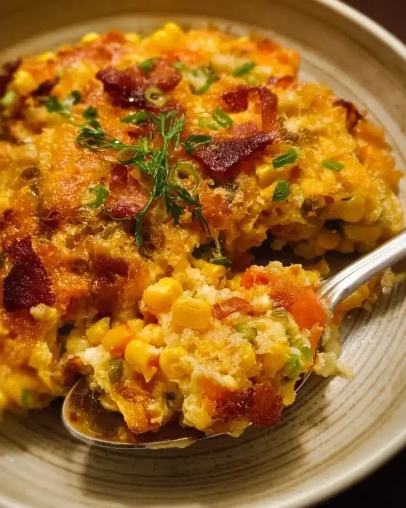 Delicious Loaded Corn Casserole topped with cheese and herbs, served in a baking dish.