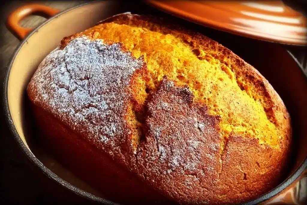Perfect Dutch Oven Pumpkin Bread 5 Loaf of perfect Dutch oven pumpkin bread on a wooden cutting board