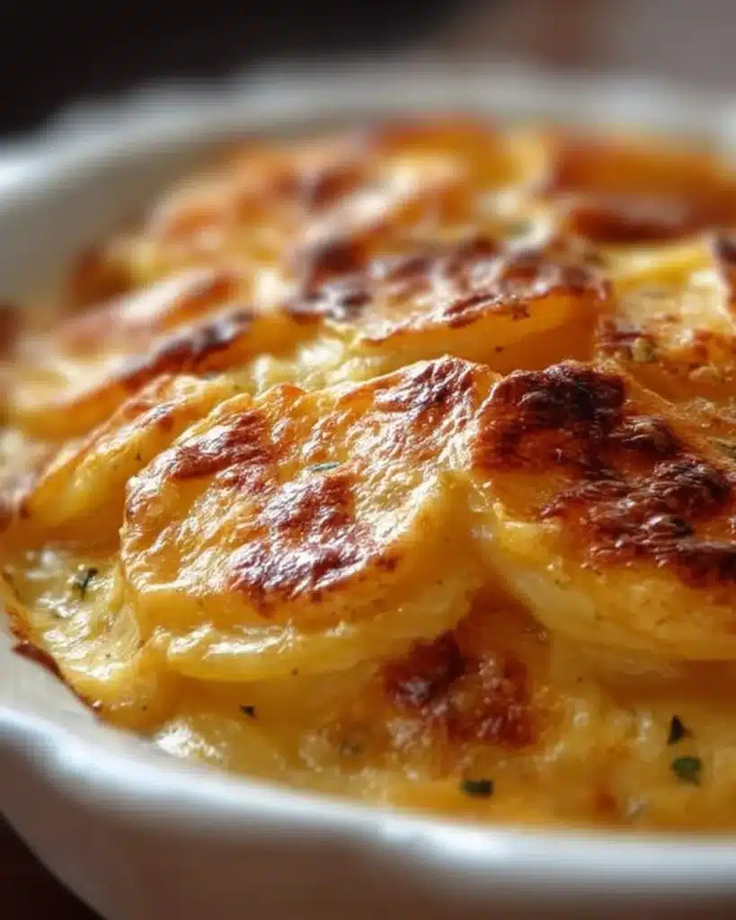 Creamy scalloped potatoes baked to perfection with cheese and herbs