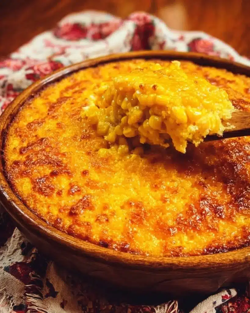 Delicious Southern corn casserole served in a baking dish