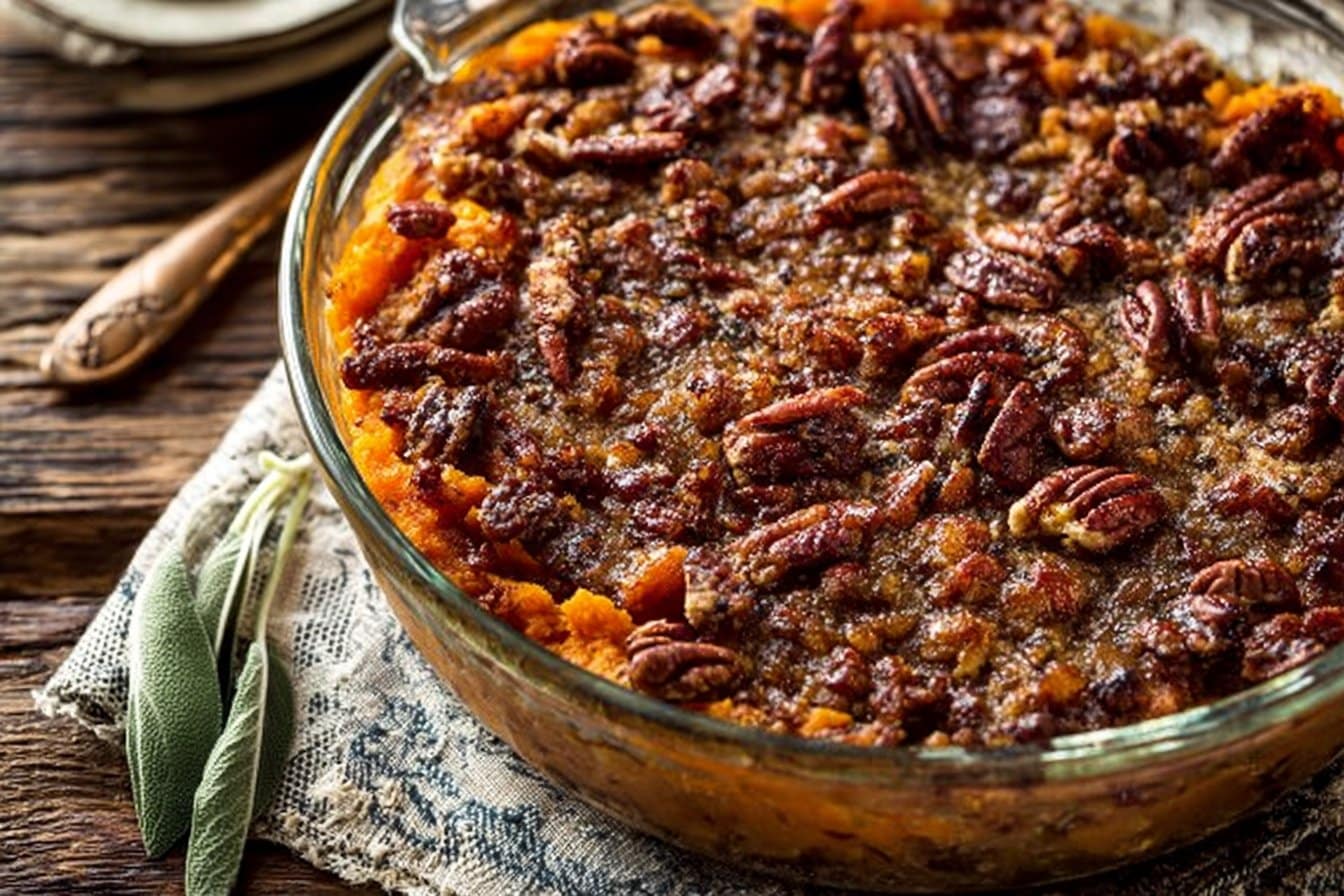 Bourbon Sweet Potato Casserole with Sweet and Savory Bacon Pecans 4 Bourbon Sweet Potato Casserole with Sweet and Savory Bacon Pecans