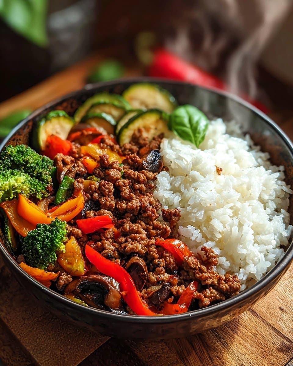 Spicy Ground Beef Stir-Fry Bowl 4 Spicy Ground Beef Stir-Fry Bowl with Garlic Veggies & Steamy Rice
