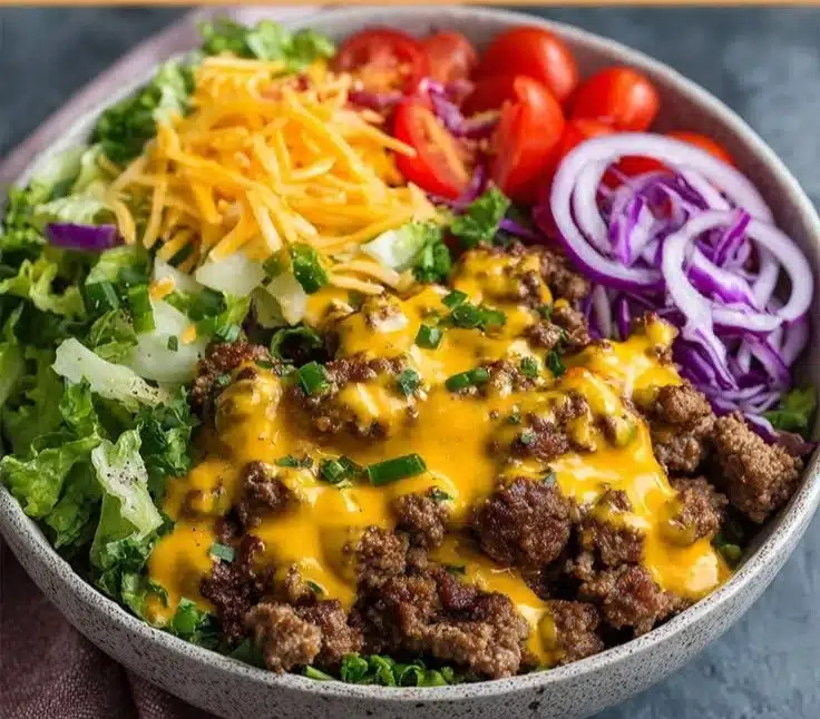 High-Protein Cheeseburger Bowls 4 High-Protein Cheeseburger Bowls Recipe – Low-Carb Meal Prep with Ground Beef & Burger Sauce
