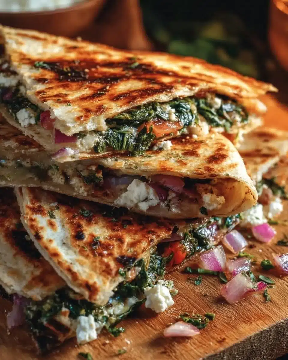Mediterranean Quesadillas 6 Mediterranean Quesadillas with Spinach, Feta, Mozzarella, and Red Onion