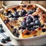 Blueberry Cottage Cheese Breakfast Bake 10 Blueberry cottage cheese breakfast bake in a dish, topped with fresh blueberries.