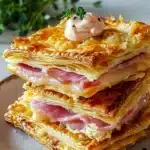 Crispy Ham and Cheese Puff Pastry 34 Crispy ham and cheese puff pastry served on a plate