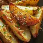 Garlic Parmesan Potato Wedges 32 Crispy Garlic Parmesan Potato Wedges served on a plate.