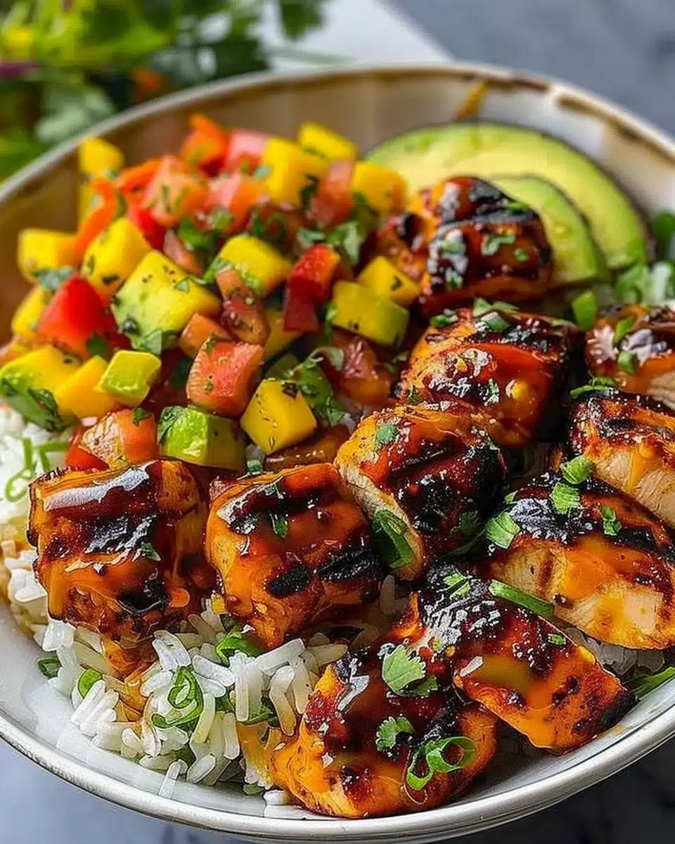 Grilled Maple Sriracha Chicken Bites with Coconut Rice and Mango Avocado Salsa 6 Grilled Maple Sriracha Chicken Bites with Coconut Rice and Mango Avocado Salsa Bowl with Chili Mayo