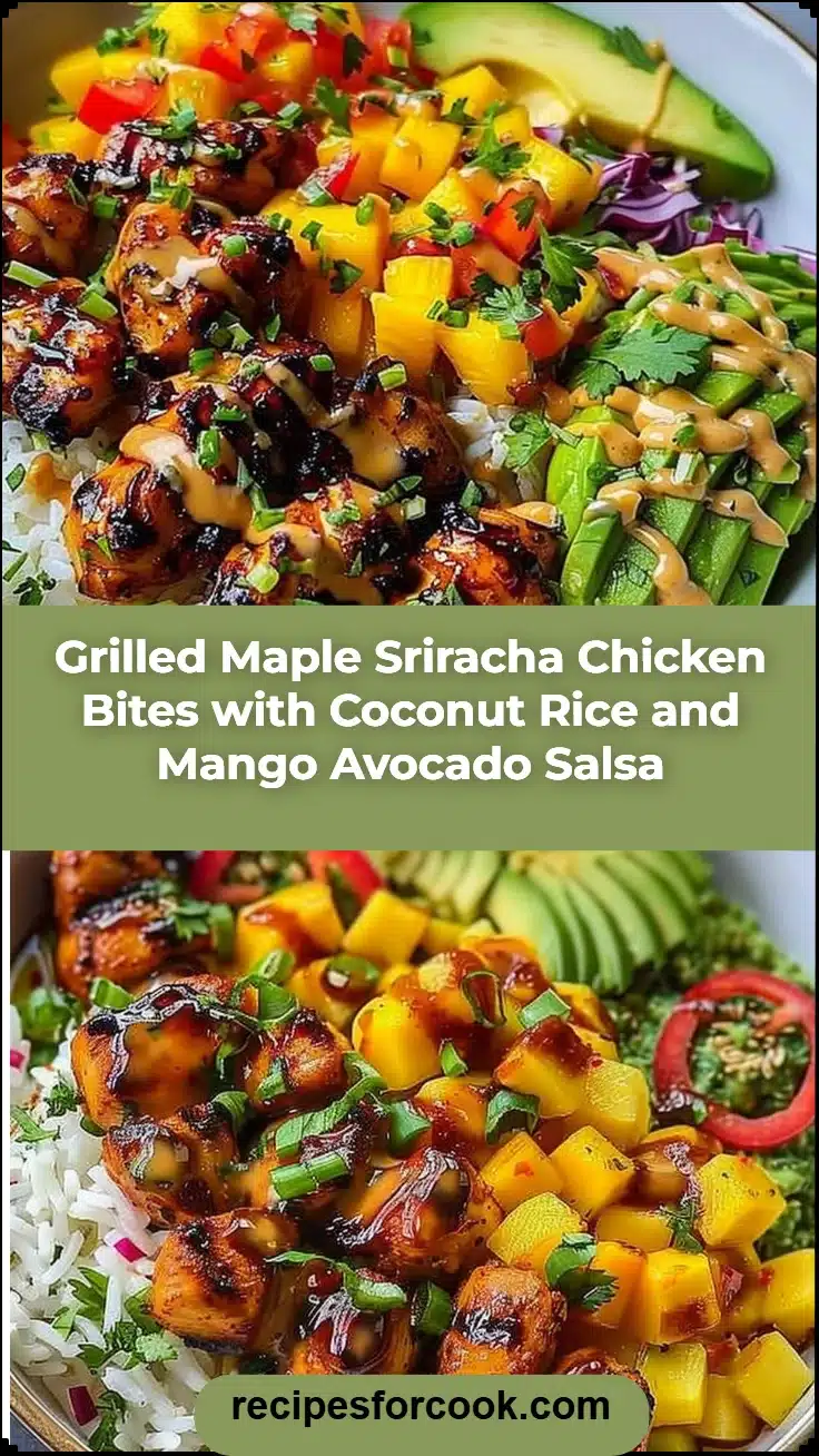 Grilled Maple Sriracha Chicken Bites with Coconut Rice and Mango Avocado Salsa 5 Grilled Maple Sriracha Chicken Bites with Coconut Rice and Mango Avocado Salsa
