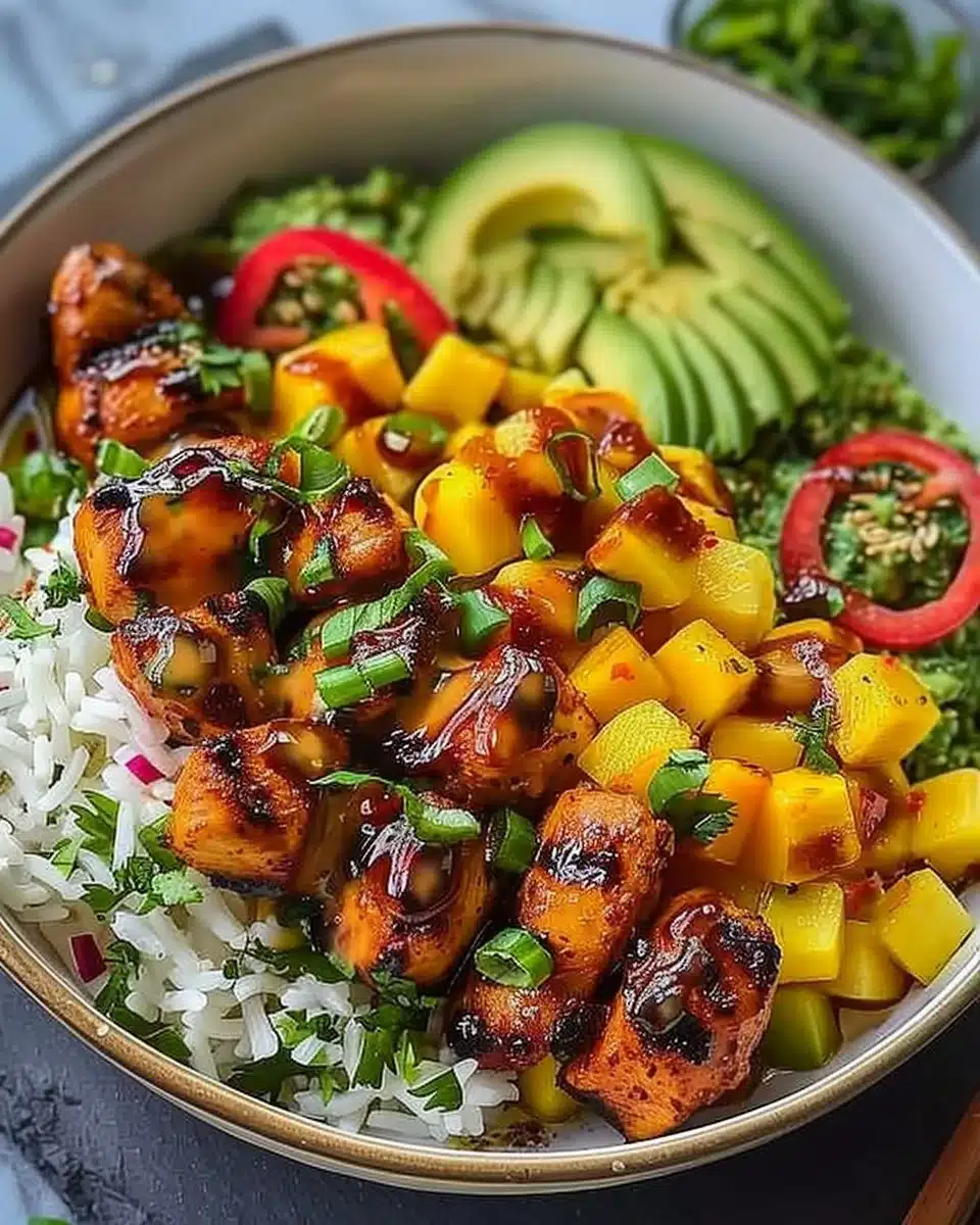 Grilled Maple Sriracha Chicken Bites with Coconut Rice and Mango Avocado Salsa 6 Grilled Maple Sriracha Chicken Bites with Coconut Rice & Mango Avocado Salsa Bowl with Chili Mayo