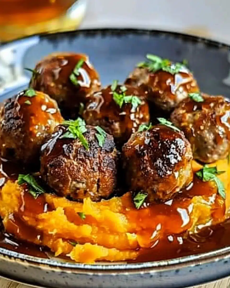 Juicy Pork Meatballs with Creamy Sweet Potato Mash and Bourbon-Maple Sauce 6 Enjoy Irresistible Pork Meatballs with Sweet Potato Mash & Bourbon-Maple Sauce