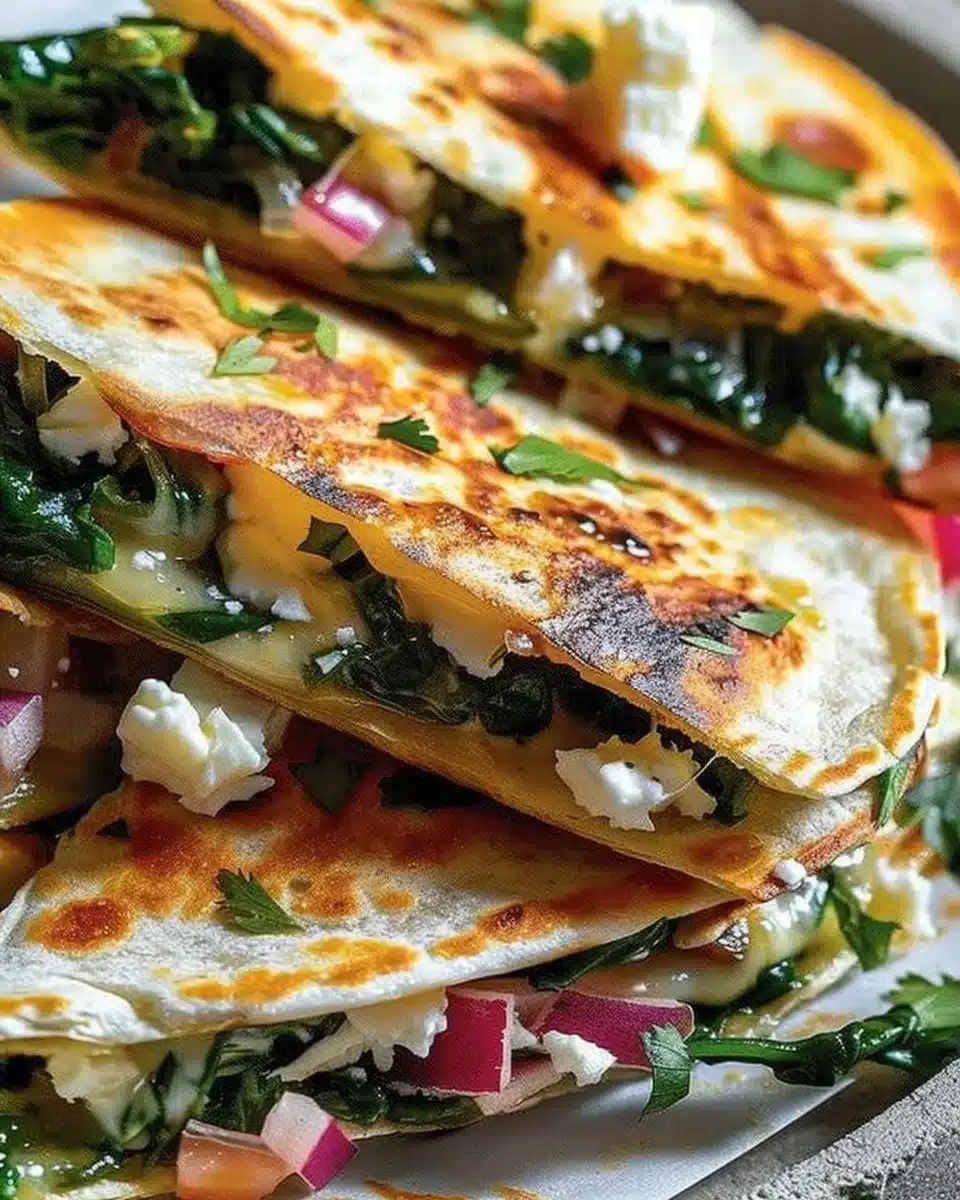 Mediterranean Quesadillas 6 Mediterranean Quesadillas with Spinach, Feta, Mozzarella, and Red Onion