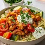 Moroccan Mediterranean Chicken Couscous Bowl 31 Delicious Moroccan chicken couscous bowl with Mediterranean ingredients.