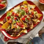 Taco Beef Nachos 9 Plate of taco beef nachos topped with cheese, jalapeños, and salsa