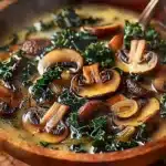 Wild Mushroom, Caramelized Onion, and Kale Soup 32 Bowl of wild mushroom soup with caramelized onions and kale garnished with herbs