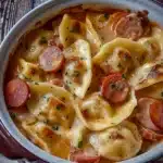 Crockpot Pierogi Casserole with Kielbasa 9 Crockpot pierogi casserole with kielbasa served in a rustic dish