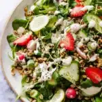 Farro Salad with Lemon Tahini Dressing 9 Farro Salad topped with fresh vegetables and drizzled with Lemon Tahini Dressing