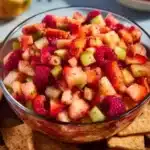 Fruit Salsa with Cinnamon Sugar Tortilla Chips 8 Fruit salsa served with cinnamon sugar tortilla chips in a vibrant bowl