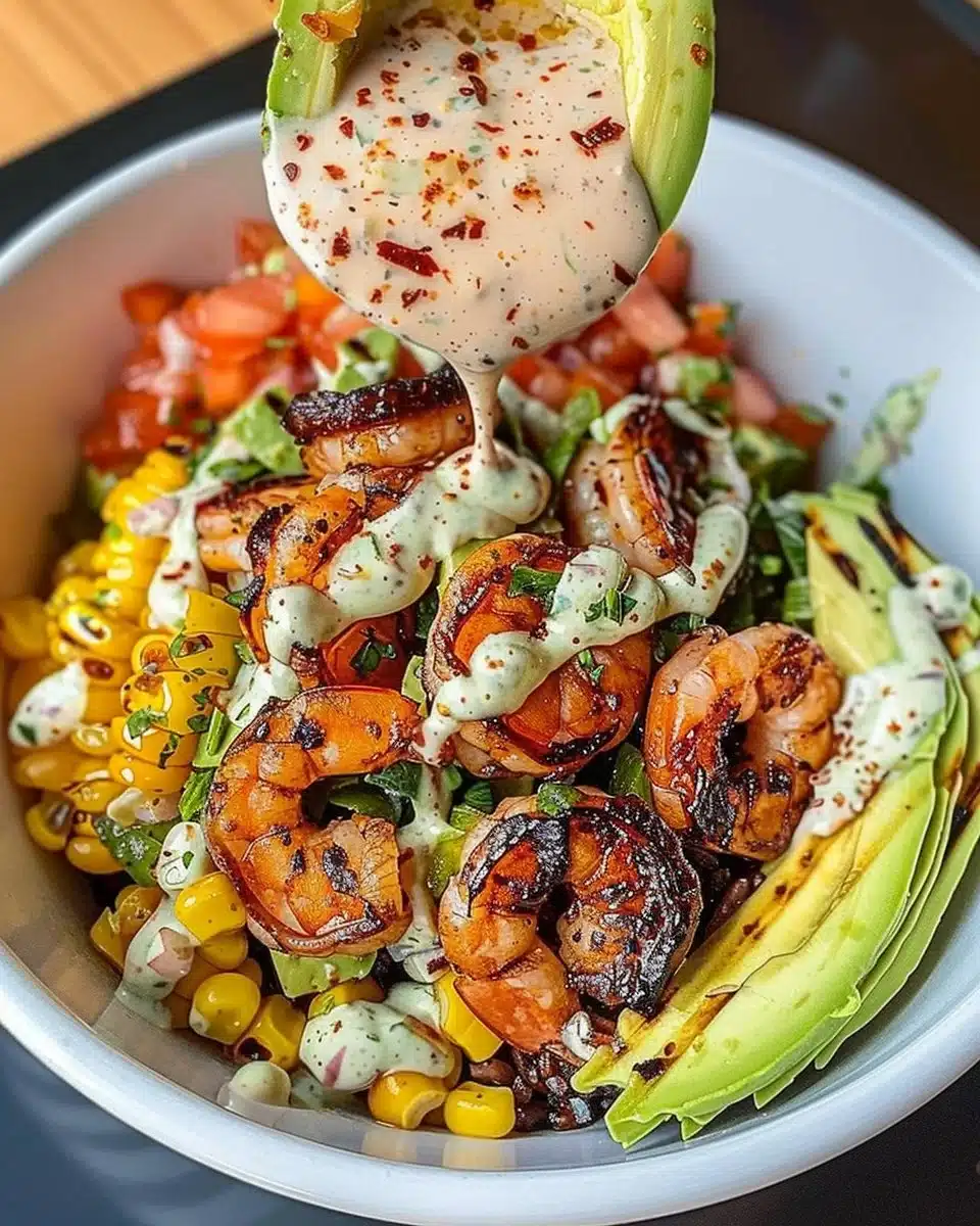Grilled Shrimp Bowl with Avocado, Corn Salsa & Creamy Garlic Sauce 6 Grilled Shrimp Bowl with Avocado, Corn Salsa & Creamy Garlic Sauce