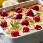Lemon Raspberry Cottage Cheese Bake 9 Delicious lemon raspberry cottage cheese bake topped with fresh raspberries.