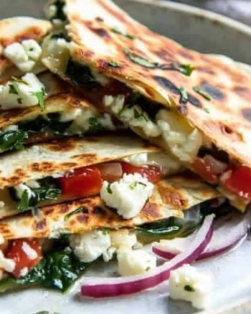 Mediterranean Quesadillas 6 Mediterranean Quesadillas with Spinach, Feta, Mozzarella, and Red Onion