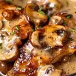 Mushroom Chicken 7 Creamy Mushroom Chicken dish served on a plate with a garnish