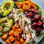 Roasted Beet, Sweet Potato & Avocado Salad 9 Roasted beet salad with sweet potato and avocado, colorful and nutritious dish