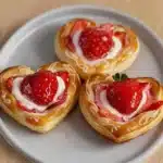 Strawberry Cream Cheese Heart Danishes 8 Heart-shaped Strawberry Cream Cheese Danishes ready to be served.