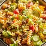 Big Mac Pasta Salad 7 Delicious Big Mac Pasta Salad served in a bowl with fresh ingredients.