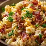 Creamy Bacon Cheddar Ranch Pasta Salad 9 Creamy bacon cheddar pasta salad garnished with herbs