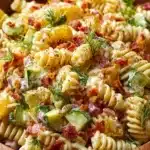 Dill Pickle Bacon Pasta Salad 6 Bowl of Dill Pickle Bacon Pasta Salad with fresh ingredients
