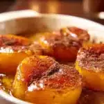 Easy Baked Nectarines with Cinnamon Honey Sauce 10 Baked nectarines with cinnamon honey sauce served on a plate