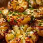 Grilled Cheesy Garlic Potatoes 12 Grilled cheesy garlic potatoes garnished with herbs on a plate