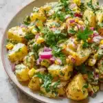 Mexican Street Corn Potato Salad 8 Mexican street corn potato salad garnished with cilantro and lime