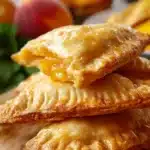 Nectarine Hand Pies 11 Freshly baked nectarine hand pies on a rustic wooden table