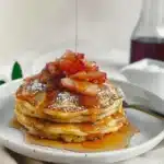 Rhubarb Pancakes 9 Delicious homemade rhubarb pancakes topped with fresh rhubarb and syrup