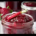 Strawberry Rhubarb Jam 7 Homemade strawberry rhubarb jam in a jar with fresh strawberries and rhubarb