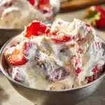 Ultimate Cheesecake Salad 8 Delicious Ultimate Cheesecake Salad served in a bowl with fresh fruit and toppings.